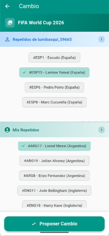 Selector de cromos repetidos para proponer un cambio